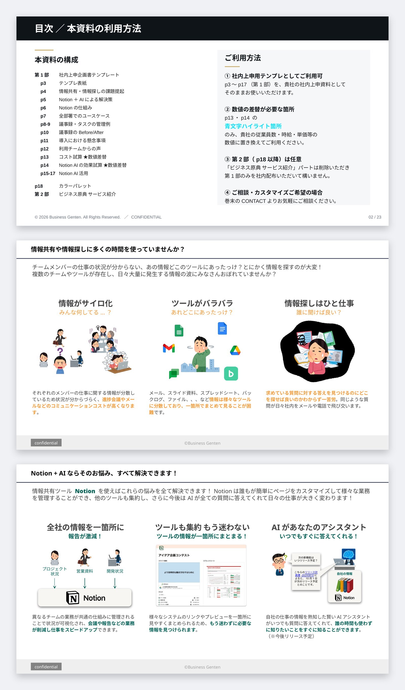 『Notion導入 社内上申 企画書テンプレート』のサンプルページ。目次、情報共有・情報探しの課題提起、Notion+AIによる解決策