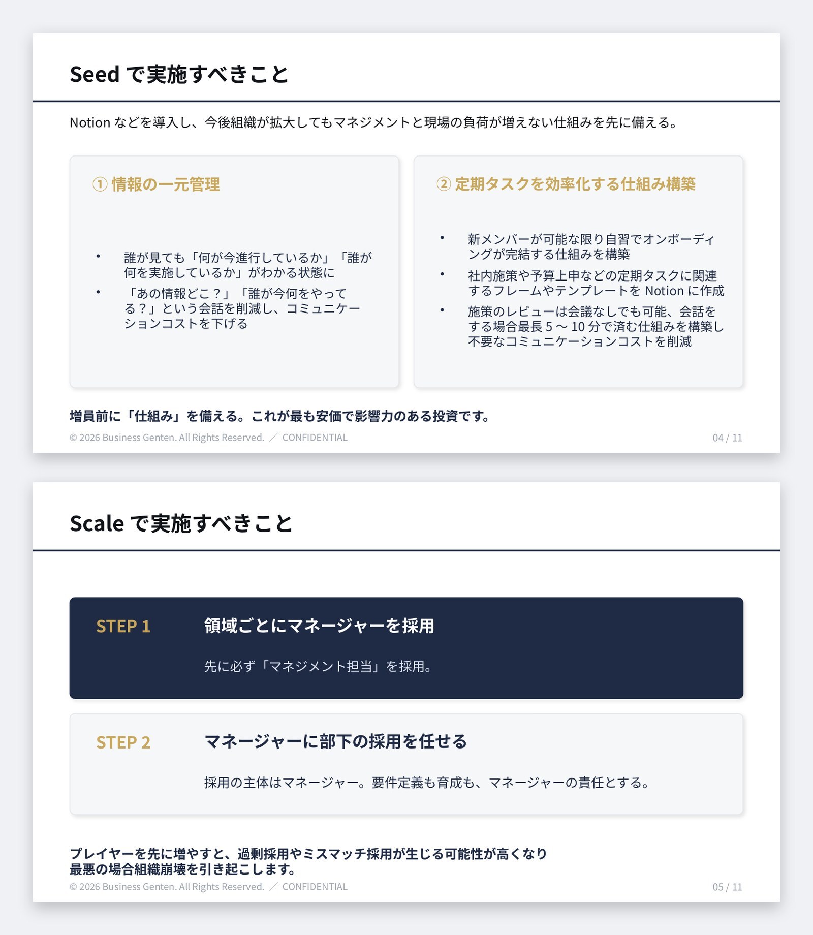 『事業フェーズ別・組織づくり診断シート』のサンプルページ。Seed期とScale期それぞれでやるべきこと 『事業フェーズ別・組織づくり診断シート』のサンプルページ。Seed期とScale期それぞれでやるべきこと