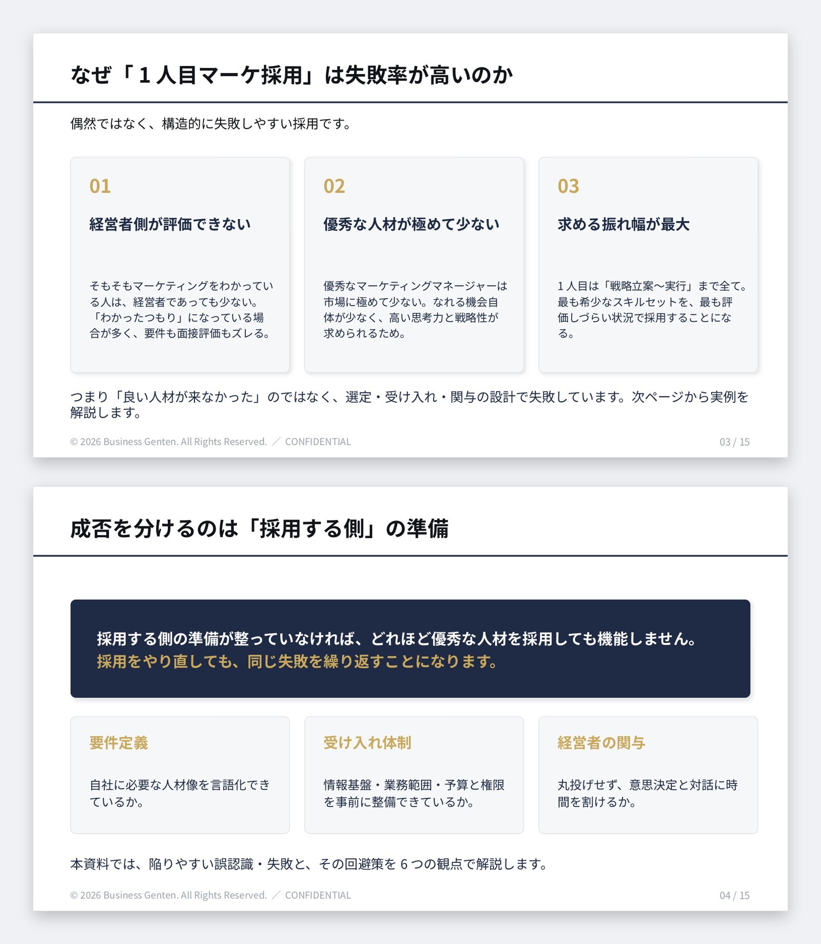 * 『そのマーケター採用、本当に大丈夫？』のサンプルページ。採用失敗率が構造的に高い理由と、成否を分ける採用する側の準備